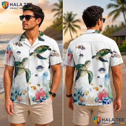 Vibrant Turtle Watercolor Tropical Shirt Ocean Life Jellyfish Button Down