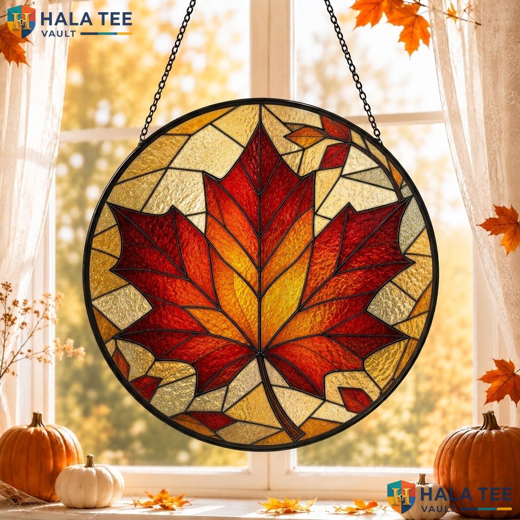 Vintage Autumn Leaf Halloween Stained Glass Suncatcher Colorful Maple Window
