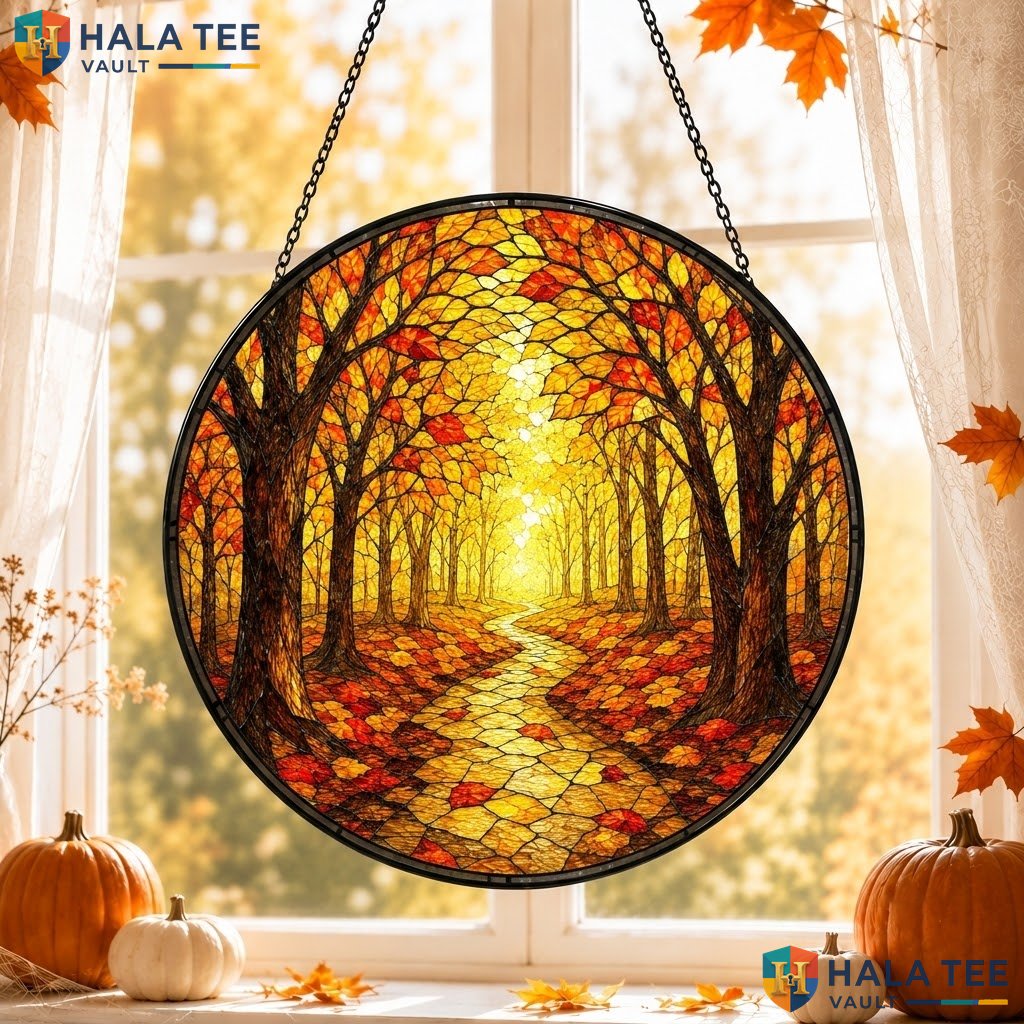 Vintage Autumn Pathway Halloween Stained Glass Suncatcher Serene Ghost Decor