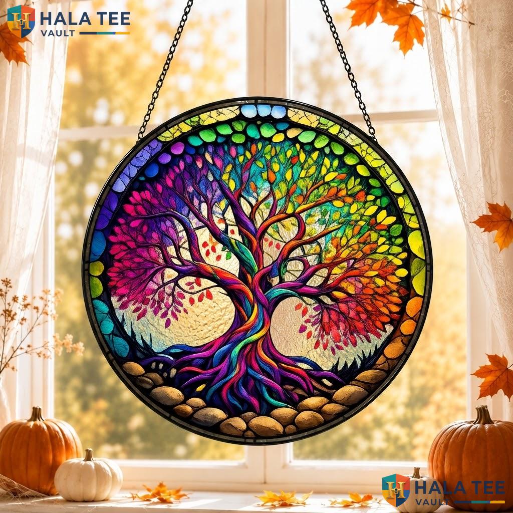 Vintage Autumn Tree Stained Glass Suncatcher, Gothic Spooky Home Decor