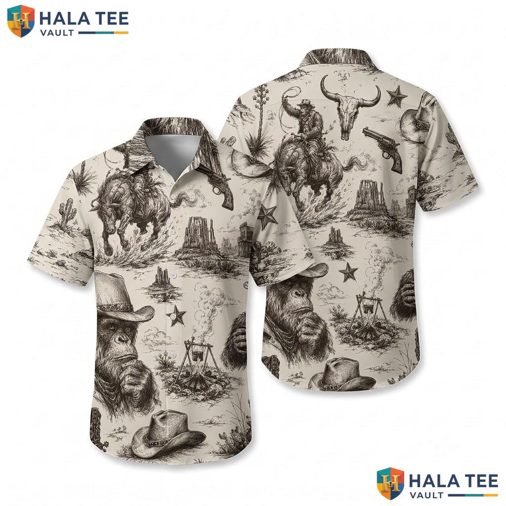 Vintage Bigfoot Cowboy Hawaiian Shirt Funny Vintage Print Summer Apparel