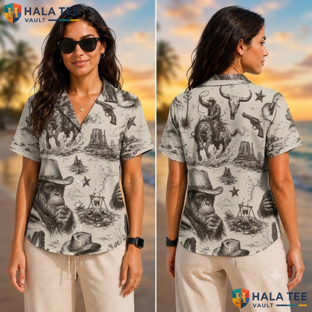 Vintage Bigfoot Cowboy Hawaiian Shirt Funny Vintage Print Summer Apparel Adult