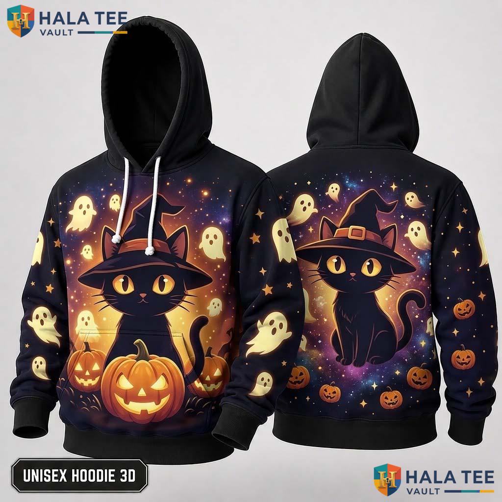 Vintage Black Cat Ghost 3D Hoodie Playful Pumpkin Halloween Apparel