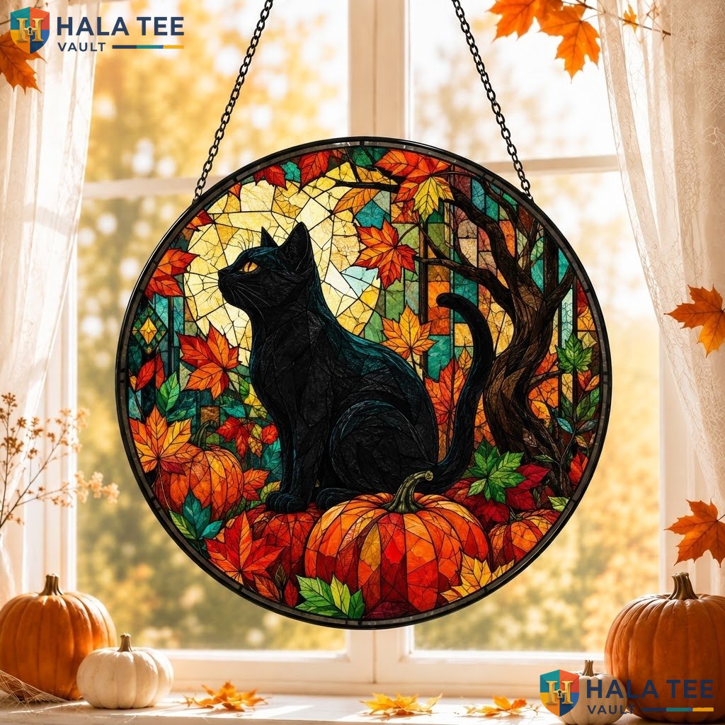 Vintage Black Cat Pumpkin Halloween Stained Glass Suncatcher Gothic Garden Art