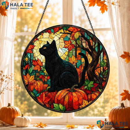 Vintage Black Cat Pumpkin Halloween Stained Glass Suncatcher Gothic Garden Art