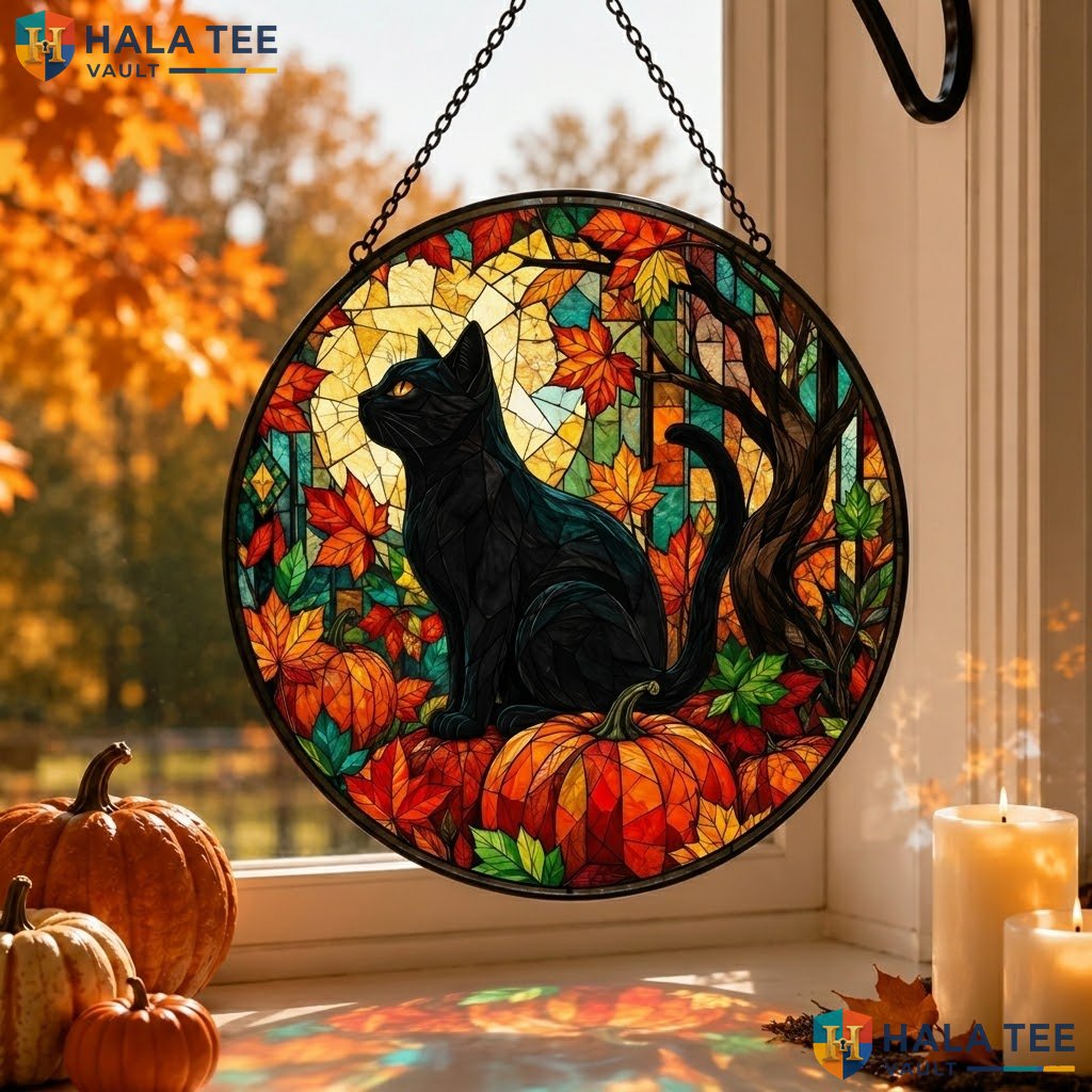 Vintage Black Cat Pumpkin Halloween Stained Glass Suncatcher Gothic Garden Art Adult