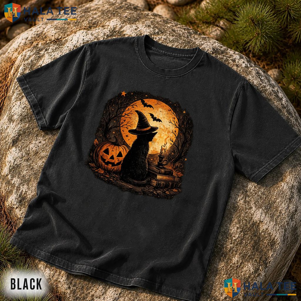 Vintage Black Cat Witch Comfort Colors T Shirt Spooky Season Pumpkin Apparel