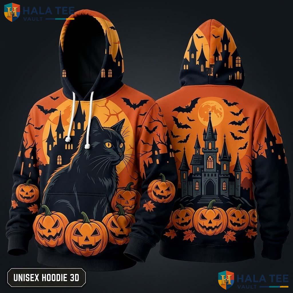 Vintage Castle Black Cat 3D Hoodie Spooky Pumpkin Graphic Halloween Top