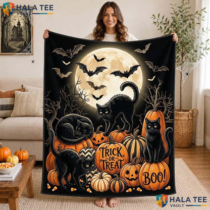 Vintage Cat Halloween Blanket Whimsical Pumpkin Bat Spooky Throw