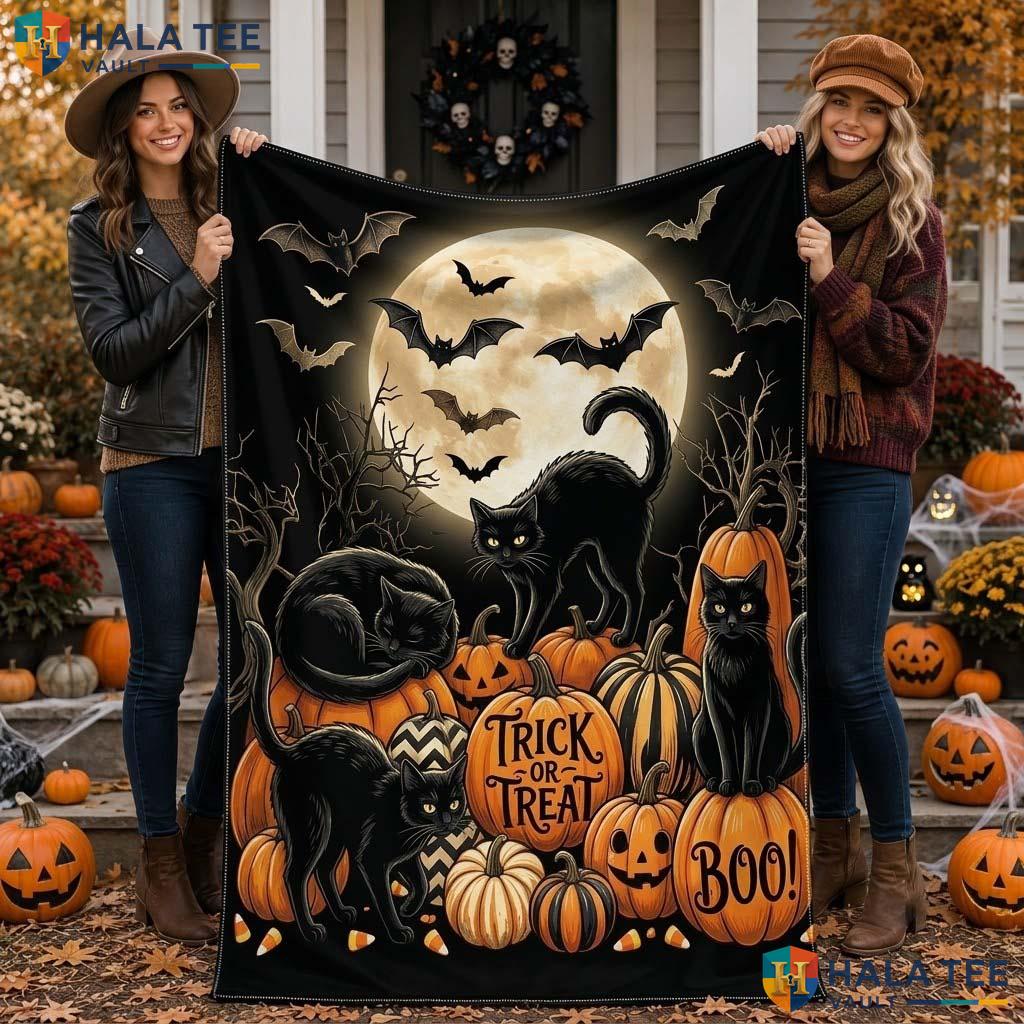 Vintage Cat Halloween Blanket Whimsical Pumpkin Bat Spooky Throw