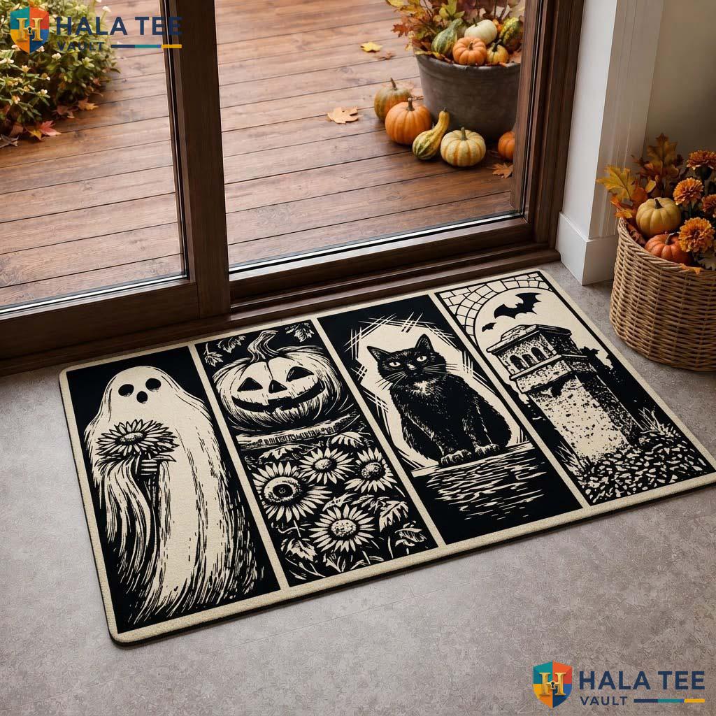Vintage Cat Halloween Doormat Spooky Pumpkin Ghost Outdoor Fall Rug Decor