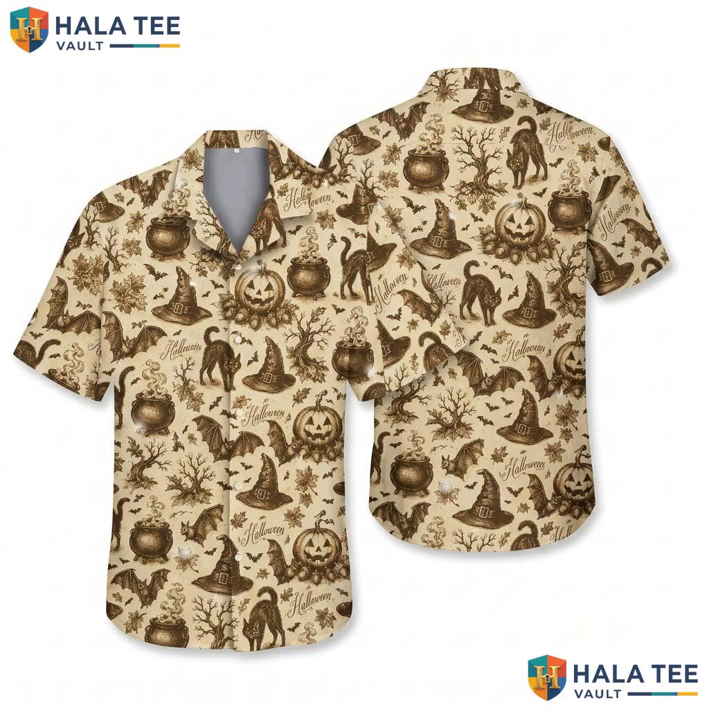 Vintage Cat Halloween Hawaiian Shirt Witch Pumpkin Party Aloha Top
