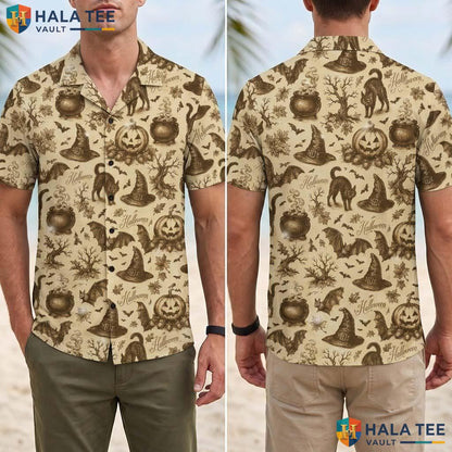 Vintage Cat Halloween Hawaiian Shirt Witch Pumpkin Party Aloha Top Adult