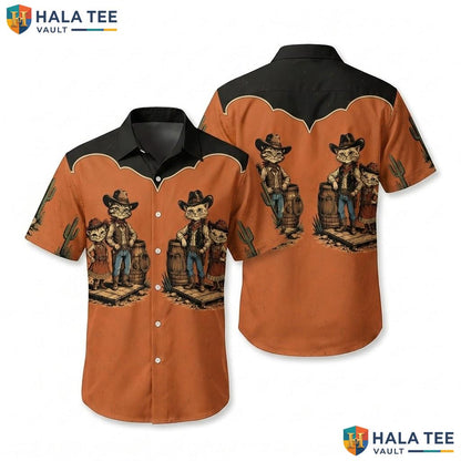 Vintage Cowboy Animal Hawaiian Shirt Orange Mens Casual Summer Button Down