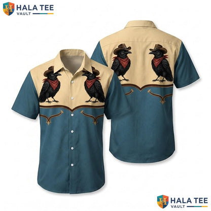 Vintage Cowboy Crows Hawaiian Shirt Blue Mens Casual Summer Button Down Top