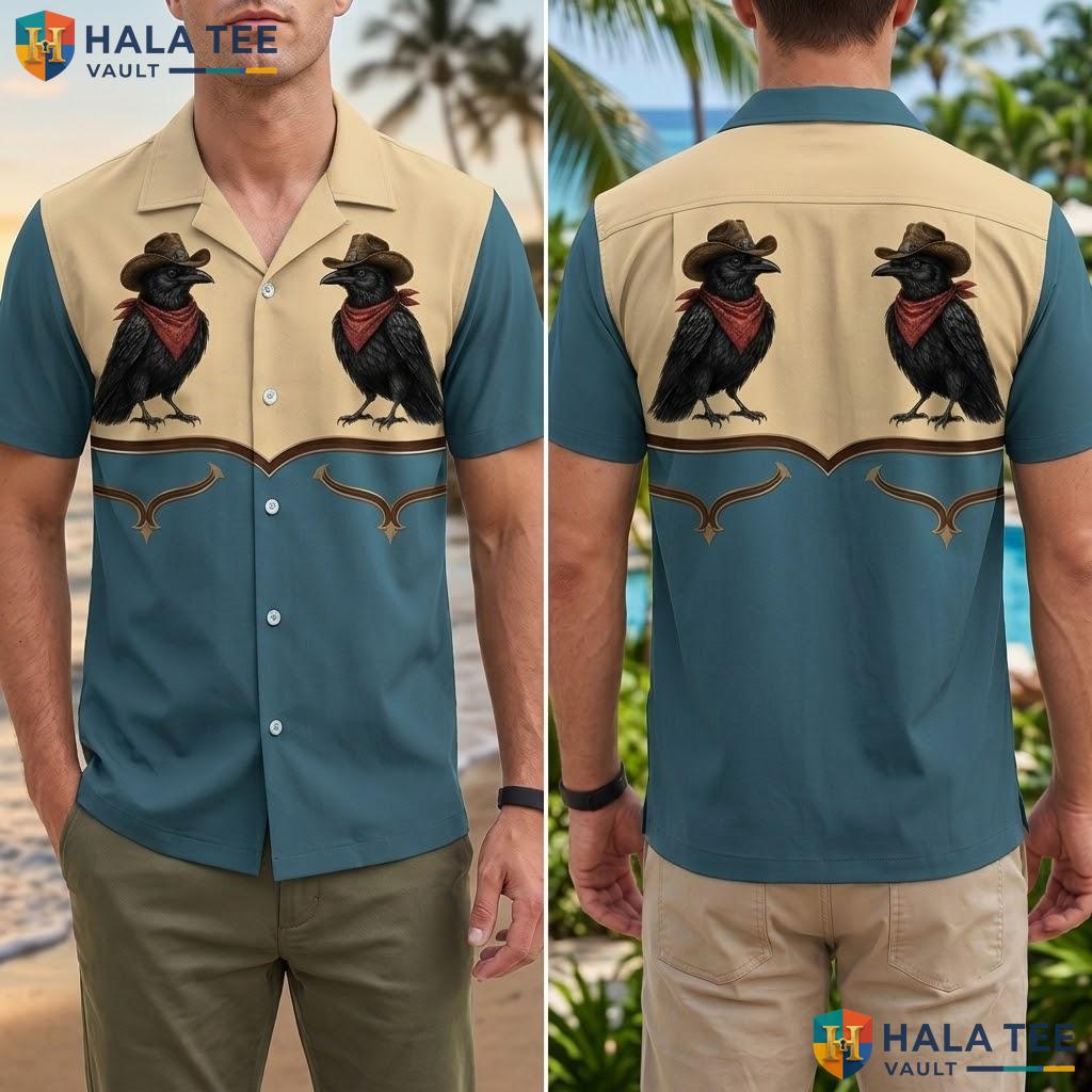 Vintage Cowboy Crows Hawaiian Shirt Blue Mens Casual Summer Button Down Top Adult