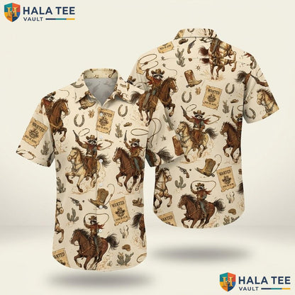 Vintage Cowboy Print Hawaiian Shirt Funny Rustic Summer Casual Button Down