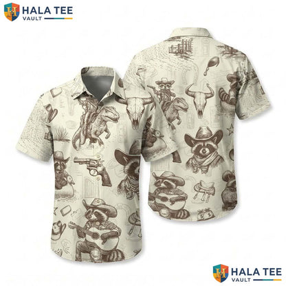 Vintage Cowboy Raccoon Hawaiian Shirt Funny Western Short Sleeve Button Down