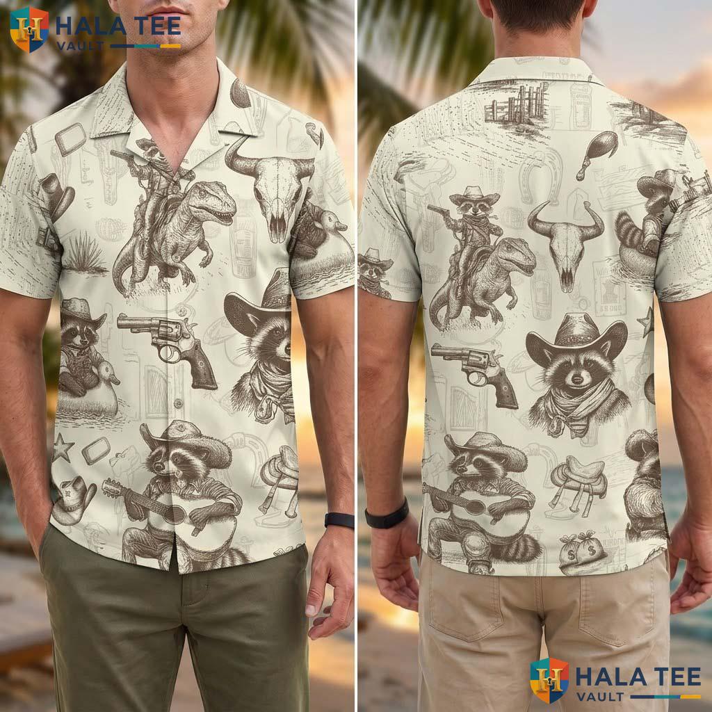 Vintage Cowboy Raccoon Hawaiian Shirt Funny Western Short Sleeve Button Down Adult