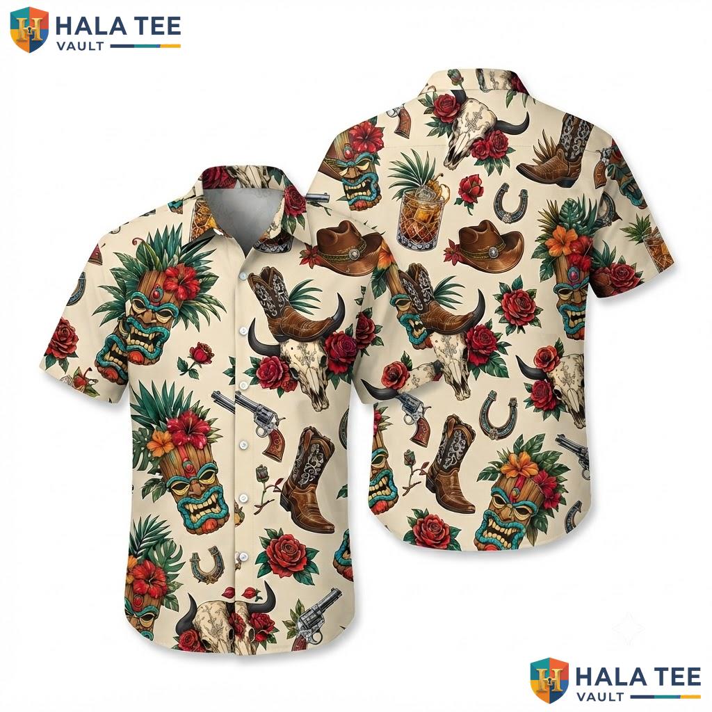 Vintage Cowboy Tiki Aloha Shirt Vibrant Mens Button Down Summer Beach Top