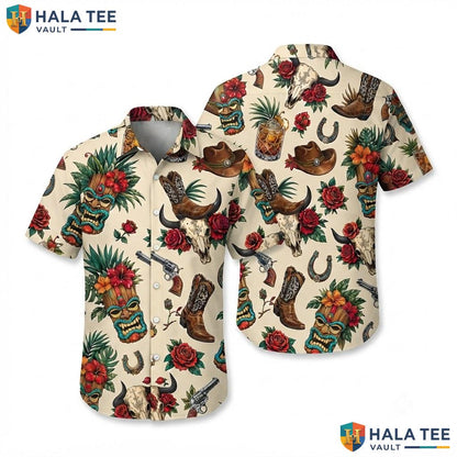 Vintage Cowboy Tiki Aloha Shirt Vibrant Mens Button Down Summer Beach Top
