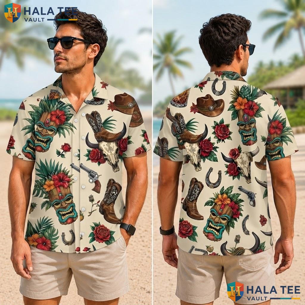 Vintage Cowboy Tiki Aloha Shirt Vibrant Mens Button Down Summer Beach Top Adult