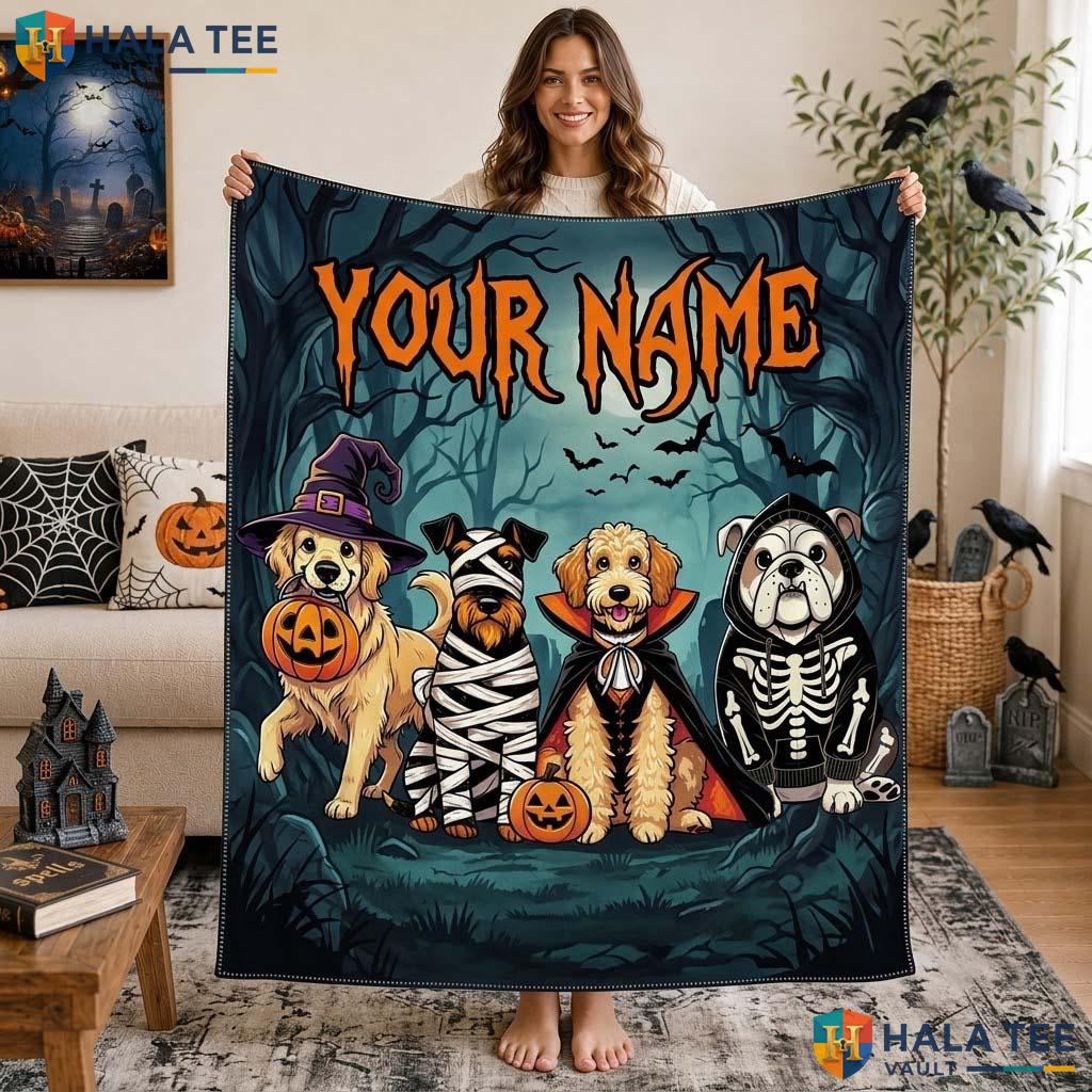 Vintage Dog Halloween Blanket Custom Name Cozy Kids Teen Spooky Throw