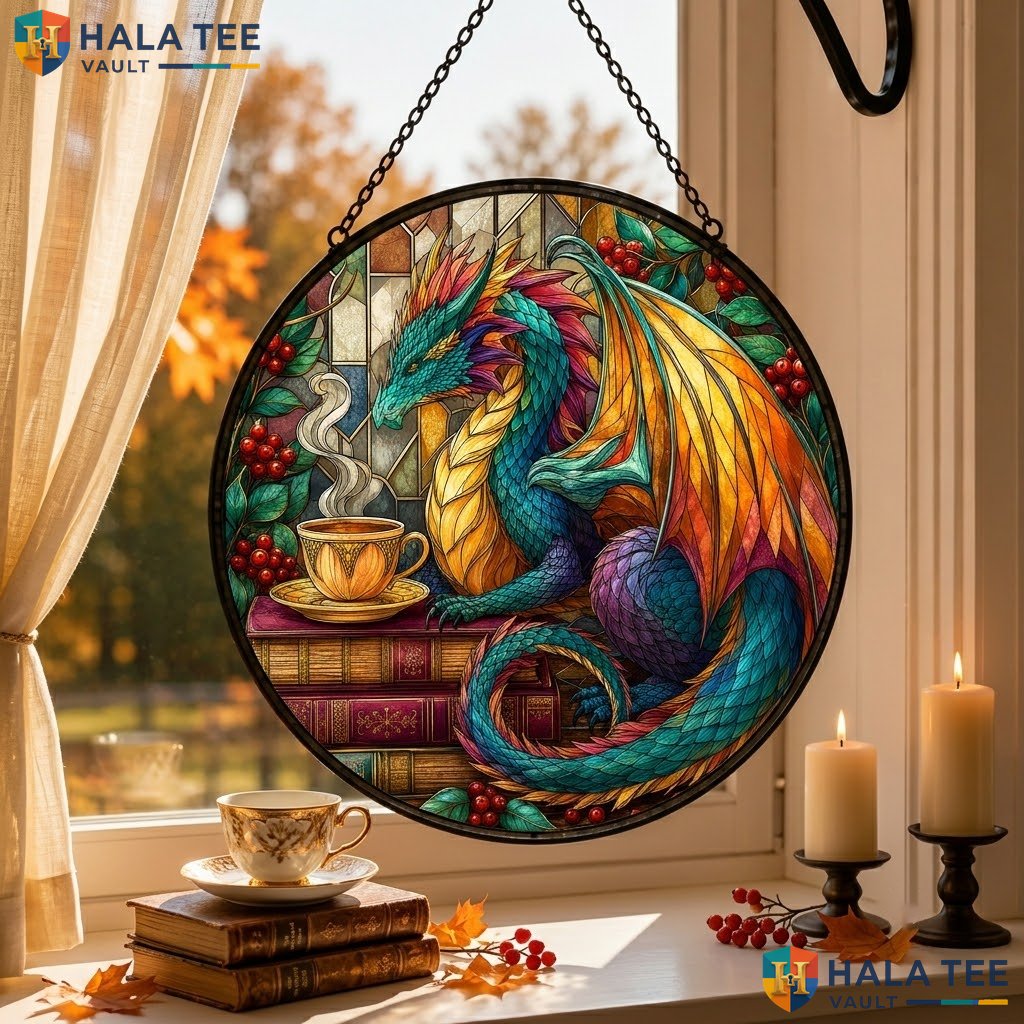 Vintage Dragon Halloween Stained Glass Suncatcher Colorful Gothic Book Accent