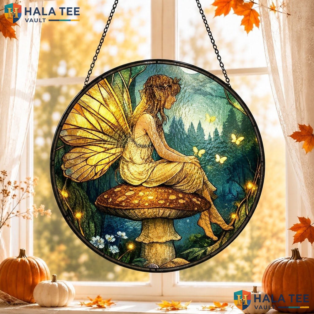 Vintage Fairy Mushroom Halloween Stained Glass Suncatcher Mystical Forest Art