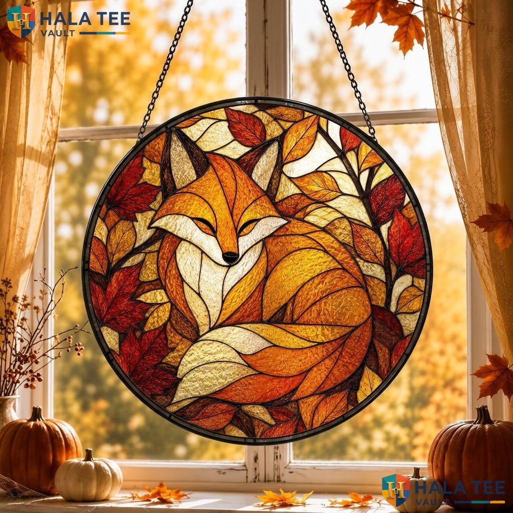 Vintage Fox Autumn Halloween Stained Glass Suncatcher Cozy Fall Window Decor