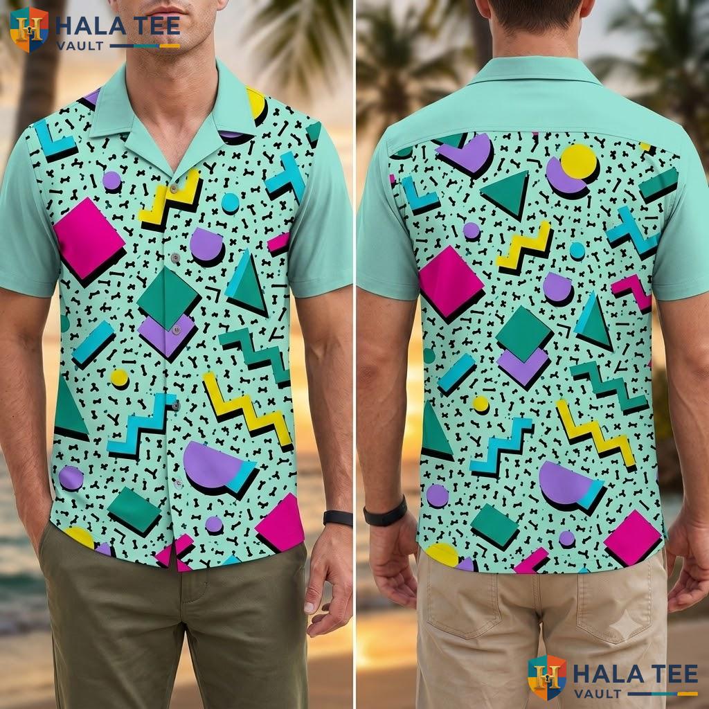 Vintage Geometric Hawaiian Shirt Retro 80s 90s Bright Summer Beach Top Adult