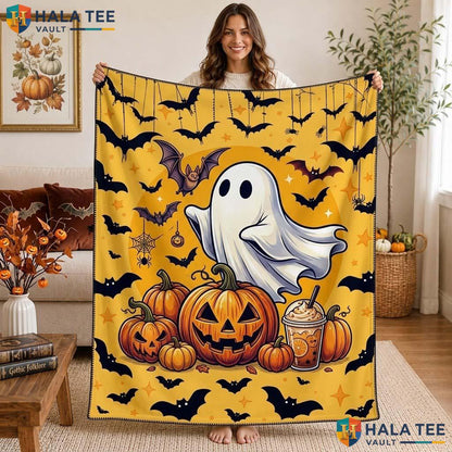 Vintage Ghost Halloween Blanket Custom Name Cozy Kids Pumpkin Throw