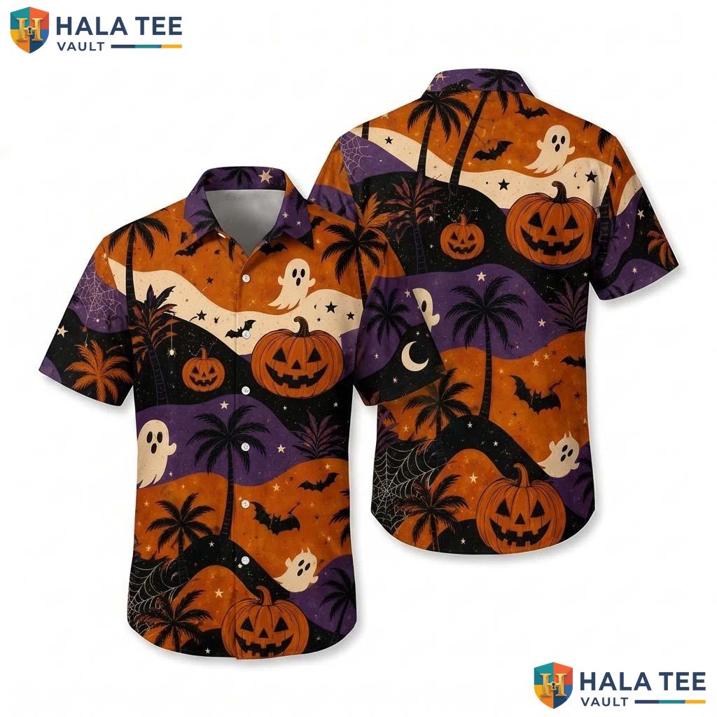 Vintage Ghost Halloween Hawaiian Shirt Retro Pumpkin Palm Tree Aloha