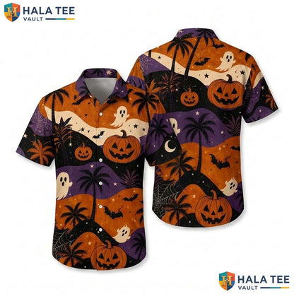Vintage Ghost Halloween Hawaiian Shirt Retro Pumpkin Palm Tree Aloha