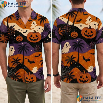 Vintage Ghost Halloween Hawaiian Shirt Retro Pumpkin Palm Tree Aloha Adult