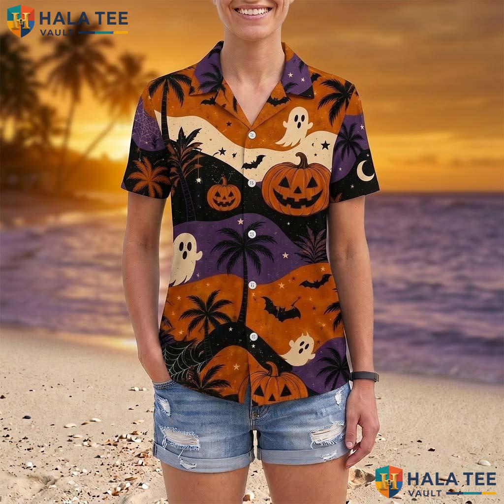 Vintage Ghost Halloween Hawaiian Shirt Retro Pumpkin Palm Tree Aloha Adult