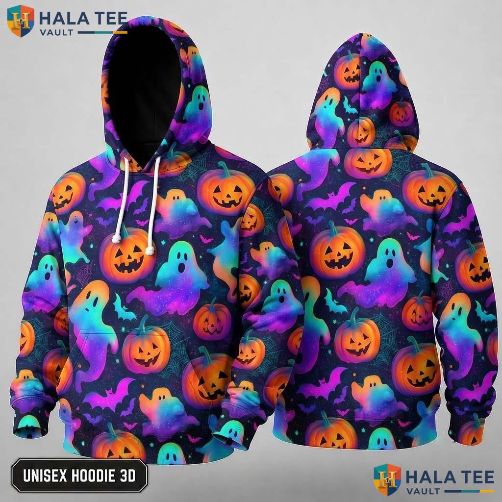 Vintage Ghost Pumpkin Bat 3D Hoodie Cute Spooky Graphic Halloween Top