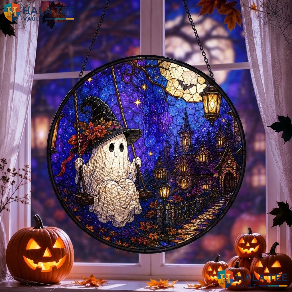 Vintage Ghost Swing Halloween Stained Glass Suncatcher Whimsical Gothic Accent