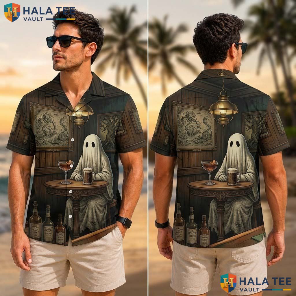 Vintage Ghost Tavern Tropical Shirt Funny Graphic Summer Casual Button Down