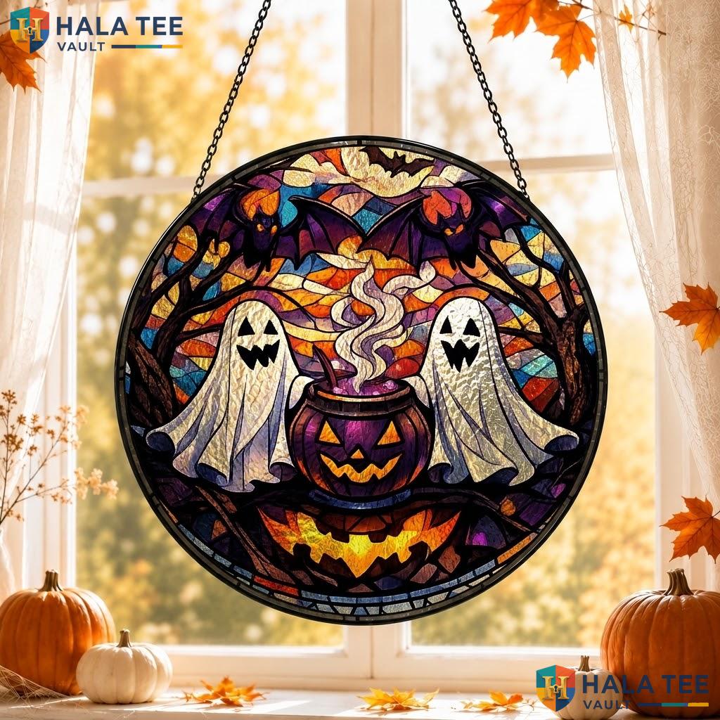 Vintage Ghostly Figures Stained Glass Suncatcher, Halloween Decor With Bats And Cauldron