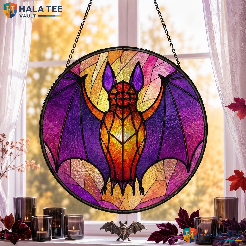 Vintage Gothic Bat Halloween Stained Glass Suncatcher Purple Moon Hanging Art
