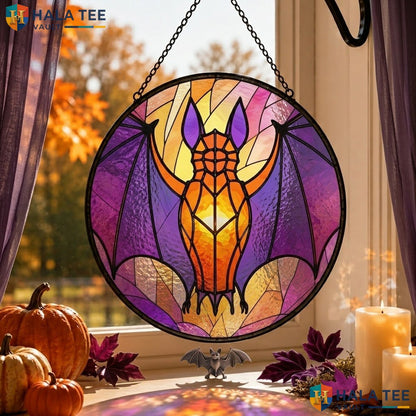 Vintage Gothic Bat Halloween Stained Glass Suncatcher Purple Moon Hanging Art Adult