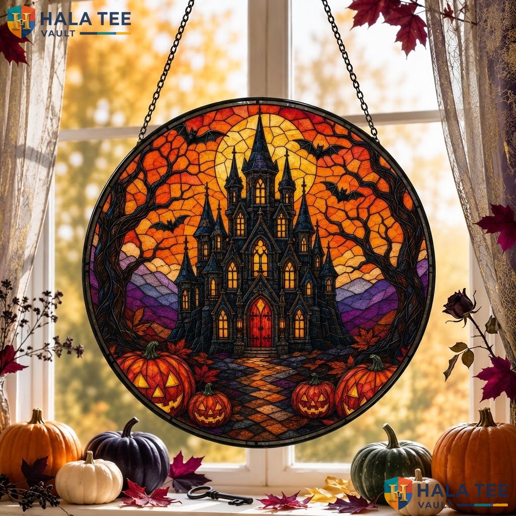 Vintage Gothic Castle Halloween Stained Glass Suncatcher Autumn Pumpkin Accent