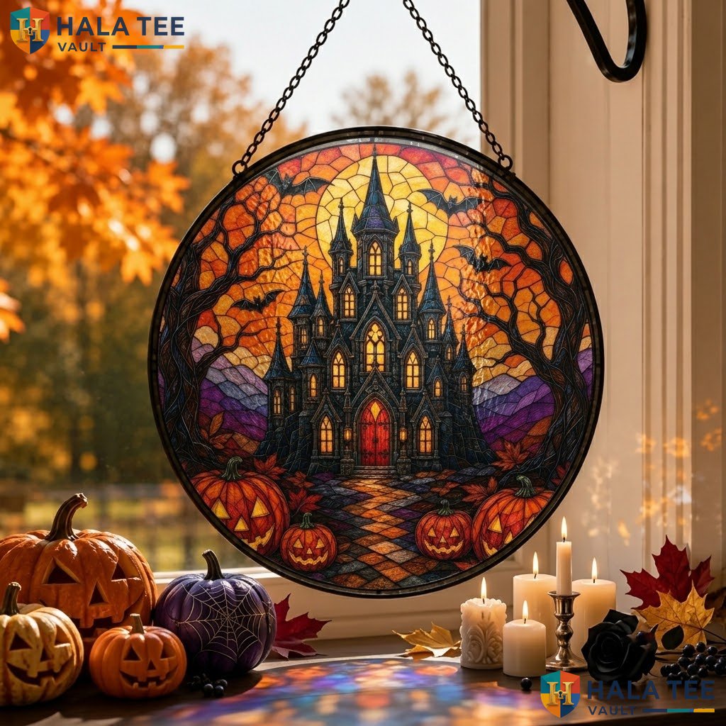Vintage Gothic Castle Halloween Stained Glass Suncatcher Autumn Pumpkin Accent Adult
