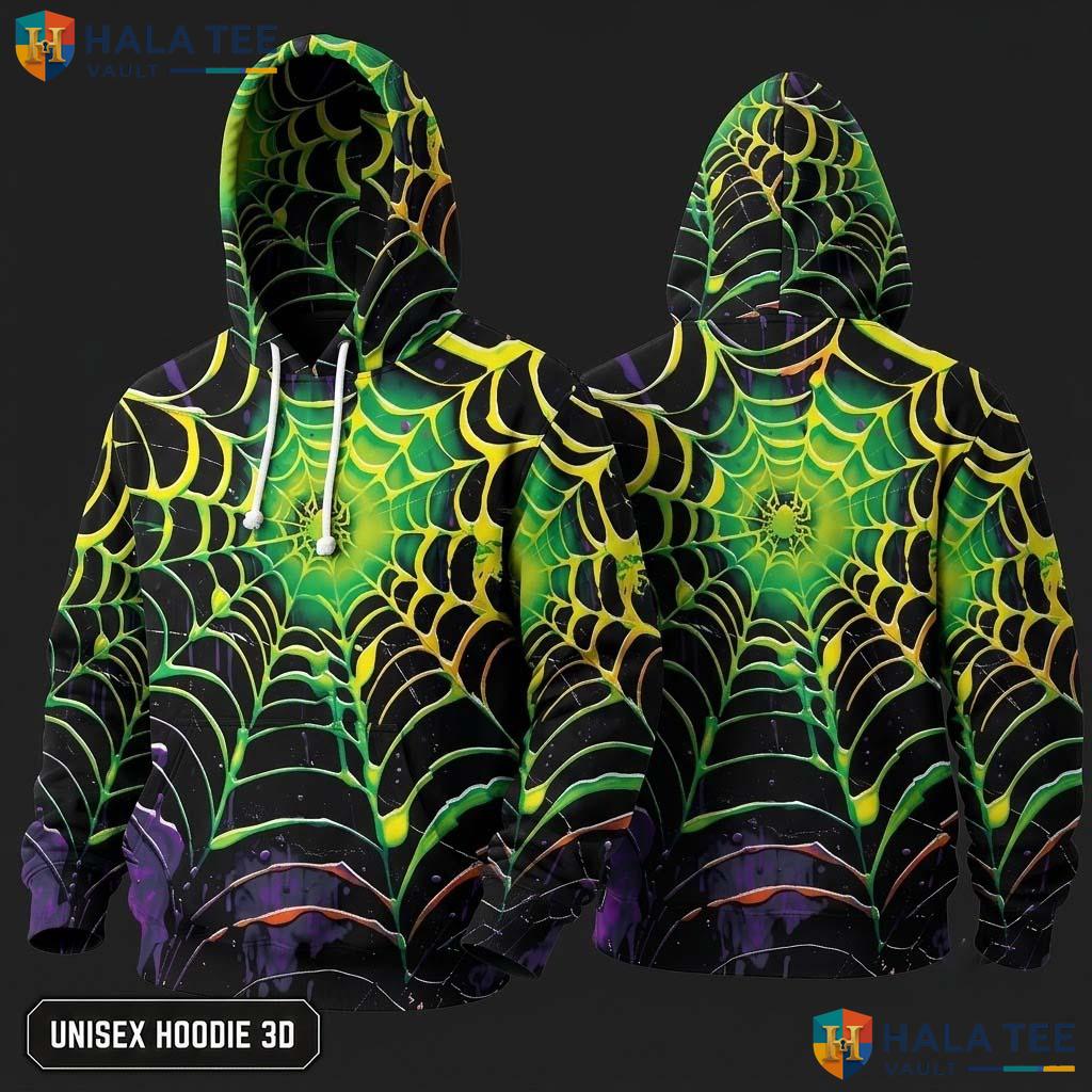 Vintage Green Spider Web 3D Hoodie Glowing Graphic Halloween Apparel