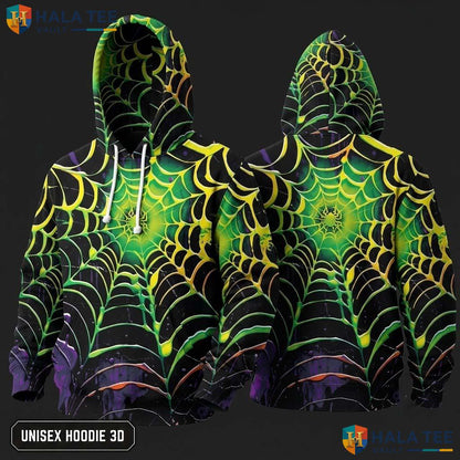 Vintage Green Spider Web 3D Hoodie Glowing Graphic Halloween Apparel
