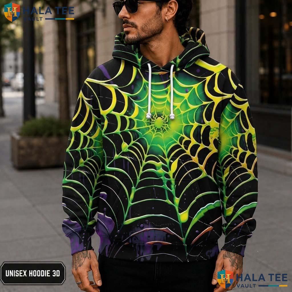 Vintage Green Spider Web 3D Printed Hoodie Glowing Graphic Halloween Apparel