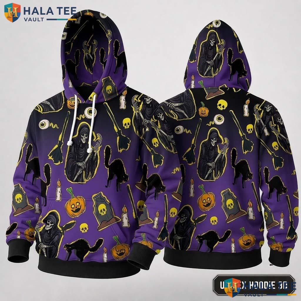 Vintage Grim Reaper Cat 3D Hoodie Spooky Pumpkin Graphic Halloween