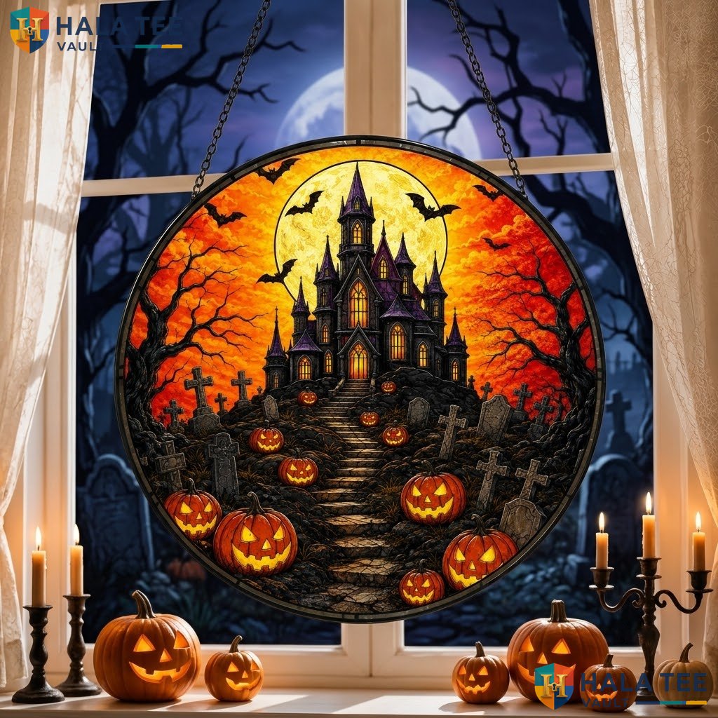 Vintage Haunted House Halloween Stained Glass Suncatcher Spooky Pumpkin Decor