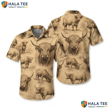 Vintage Highland Cow Aloha Shirt Mens Short Sleeve Summer Beach Party Top